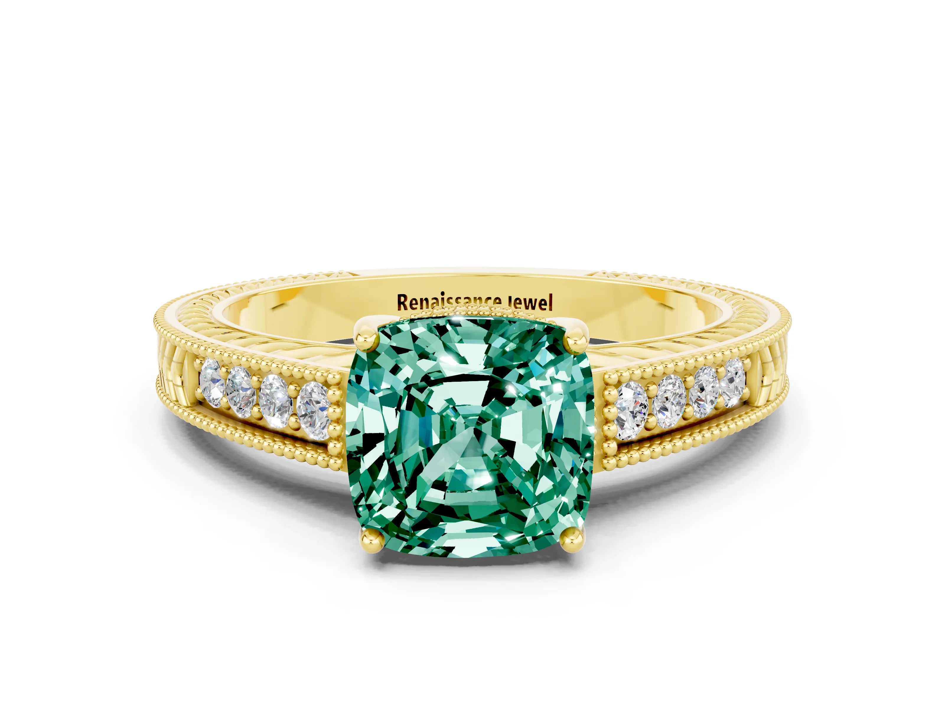 Yellow gold Cushion Cut Green Sapphire Engagement Ring with Milgrain Channel Set Band and Prong Setting