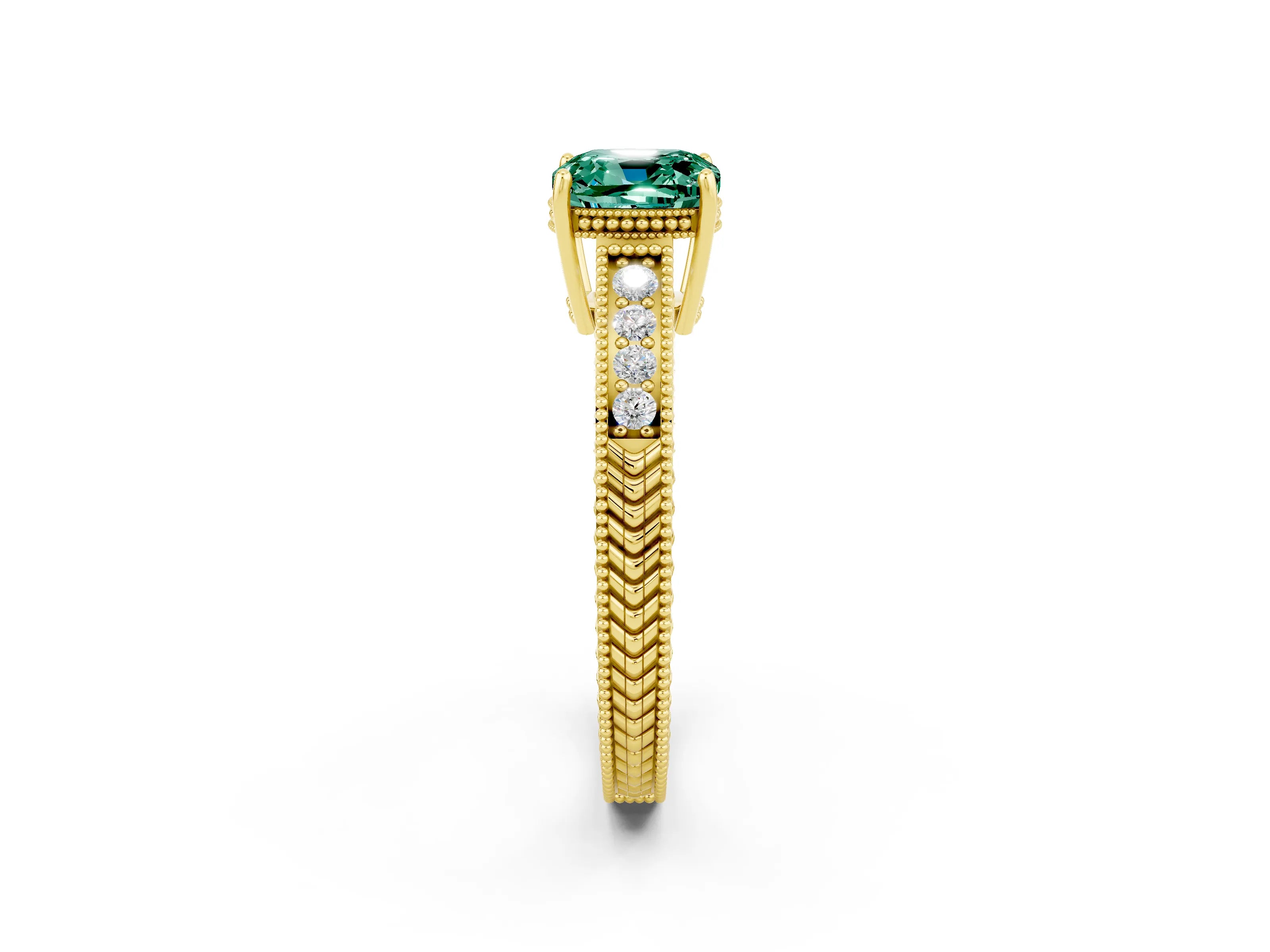 Yellow gold Cushion Cut Green Sapphire Engagement Ring with Milgrain Channel Set Band and Prong Setting_2