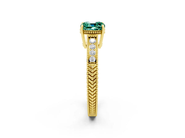 Yellow gold Cushion Cut Green Sapphire Engagement Ring with Milgrain Channel Set Band and Prong Setting