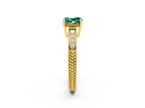 Yellow gold Cushion Cut Green Sapphire Engagement Ring with Milgrain Channel Set Band and Prong Setting_2