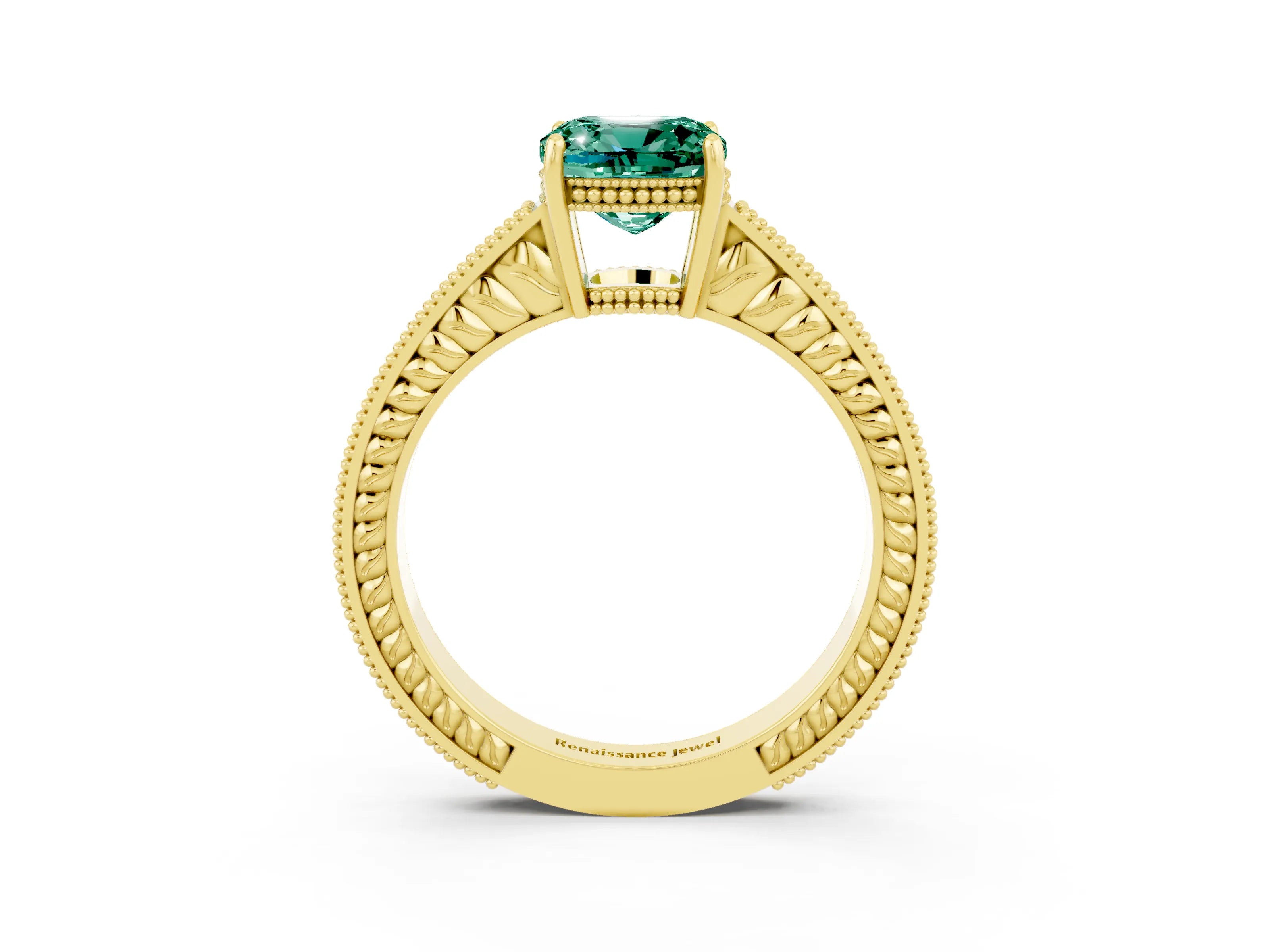 Yellow gold Cushion Cut Green Sapphire Engagement Ring with Milgrain Channel Set Band and Prong Setting_3