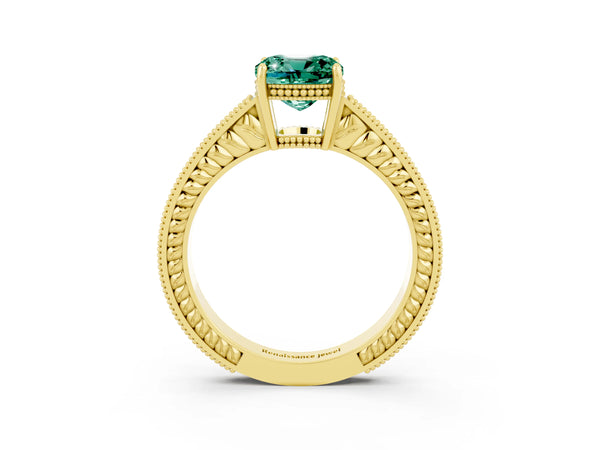 Yellow gold Cushion Cut Green Sapphire Engagement Ring with Milgrain Channel Set Band and Prong Setting