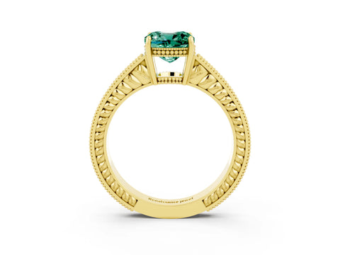 Yellow gold Cushion Cut Green Sapphire Engagement Ring with Milgrain Channel Set Band and Prong Setting_3