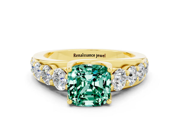 Yellow gold Cushion Cut Green Sapphire Engagement Ring with Pavé Band and Four-Prong Setting