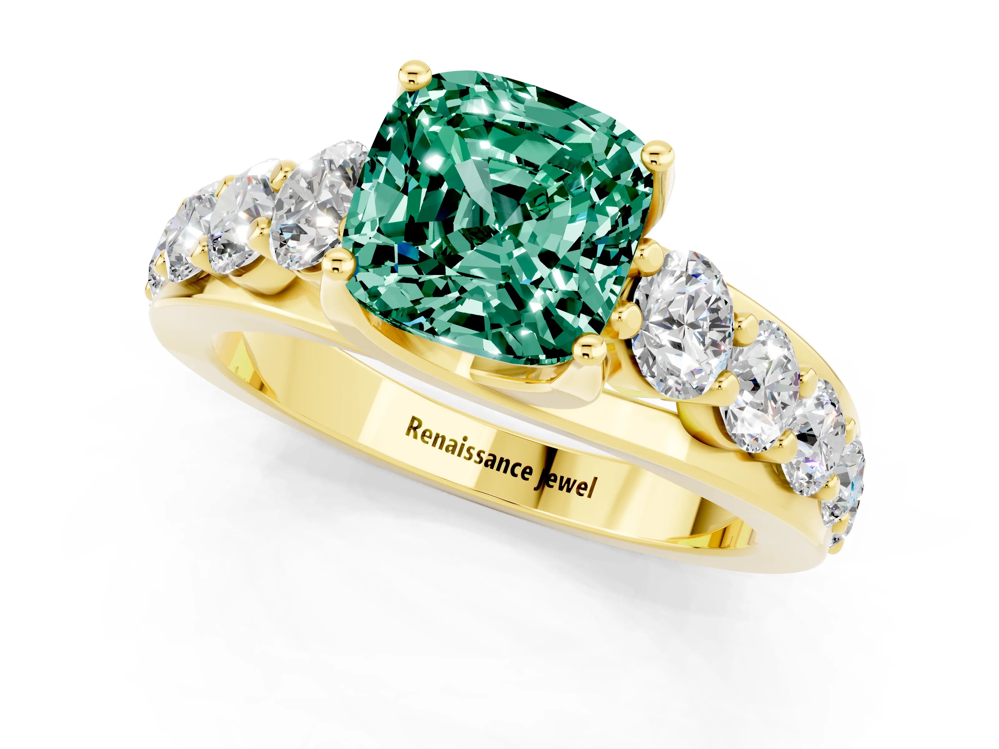 Yellow gold Cushion Cut Green Sapphire Engagement Ring with Pavé Band and Four-Prong Setting_1