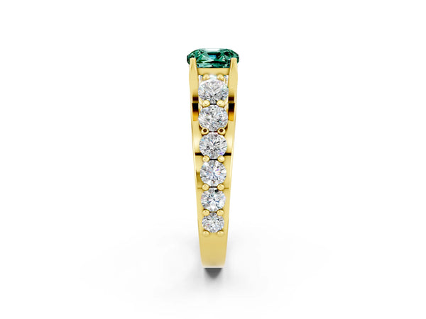 Yellow gold Cushion Cut Green Sapphire Engagement Ring with Pavé Band and Four-Prong Setting