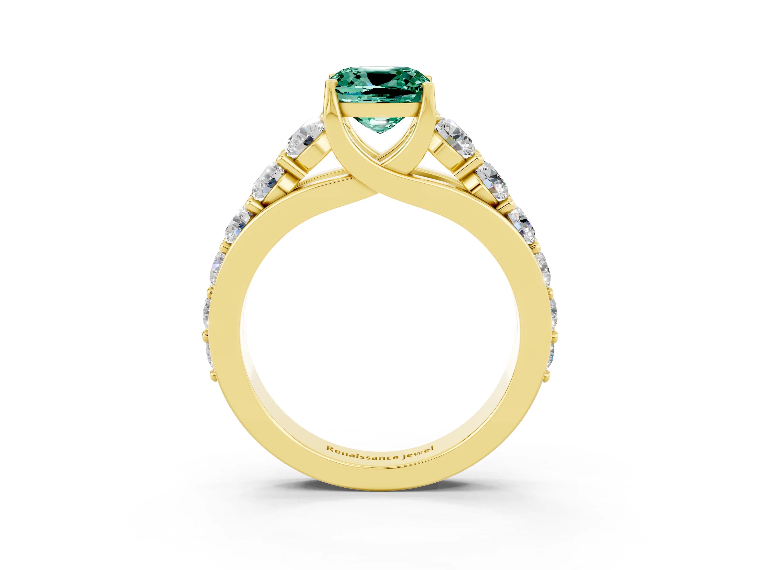 Yellow gold Cushion Cut Green Sapphire Engagement Ring with Pavé Band and Four-Prong Setting_3