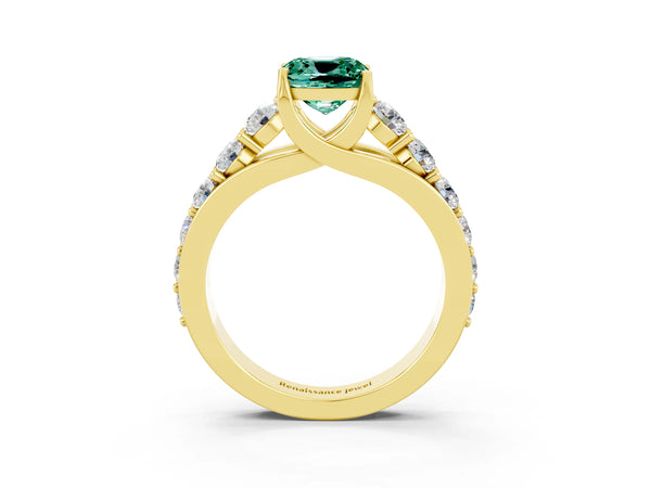 Yellow gold Cushion Cut Green Sapphire Engagement Ring with Pavé Band and Four-Prong Setting