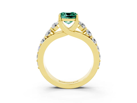 Yellow gold Cushion Cut Green Sapphire Engagement Ring with Pavé Band and Four-Prong Setting_3
