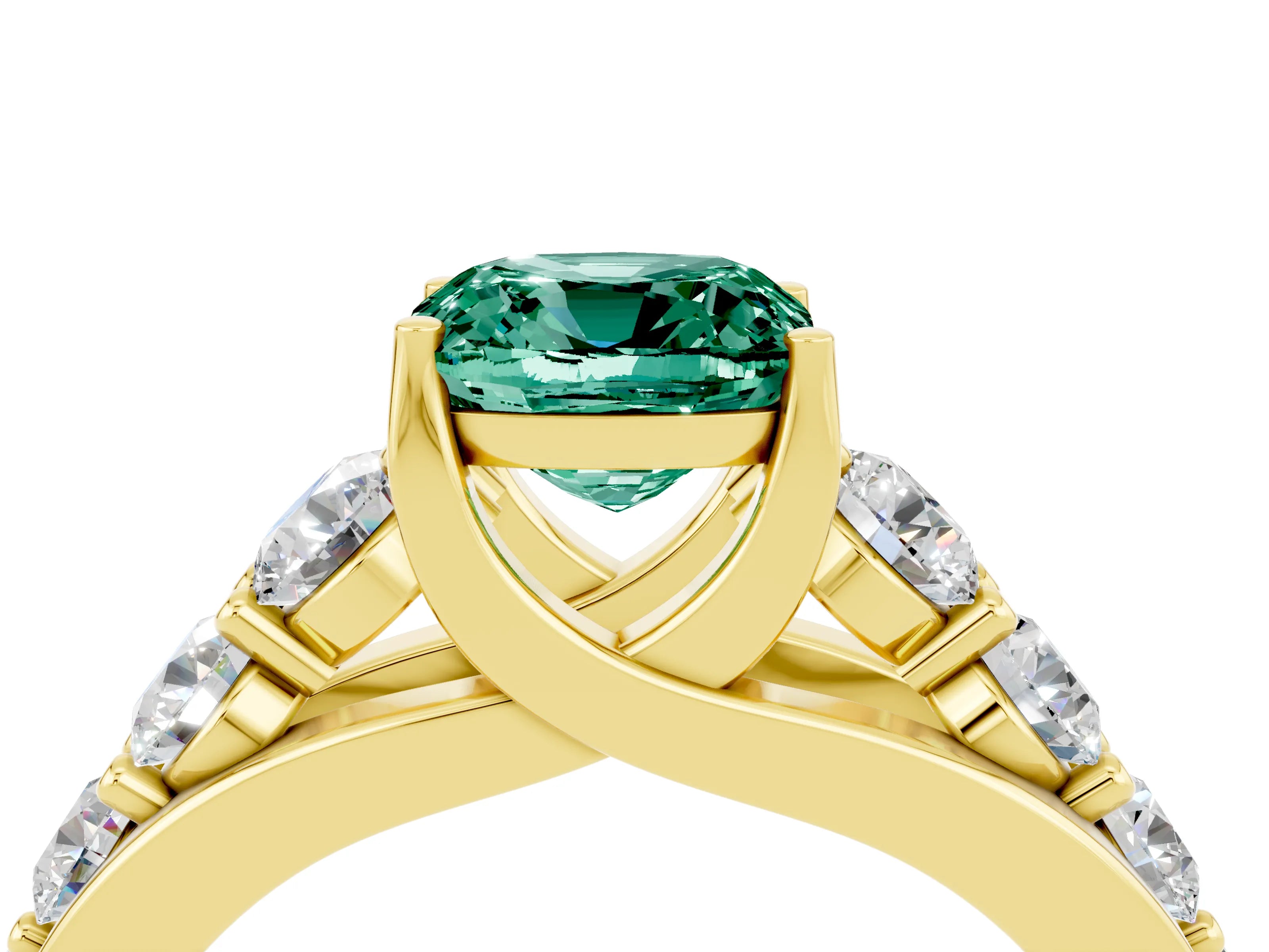 Yellow gold Cushion Cut Green Sapphire Engagement Ring with Pavé Band and Four-Prong Setting_4