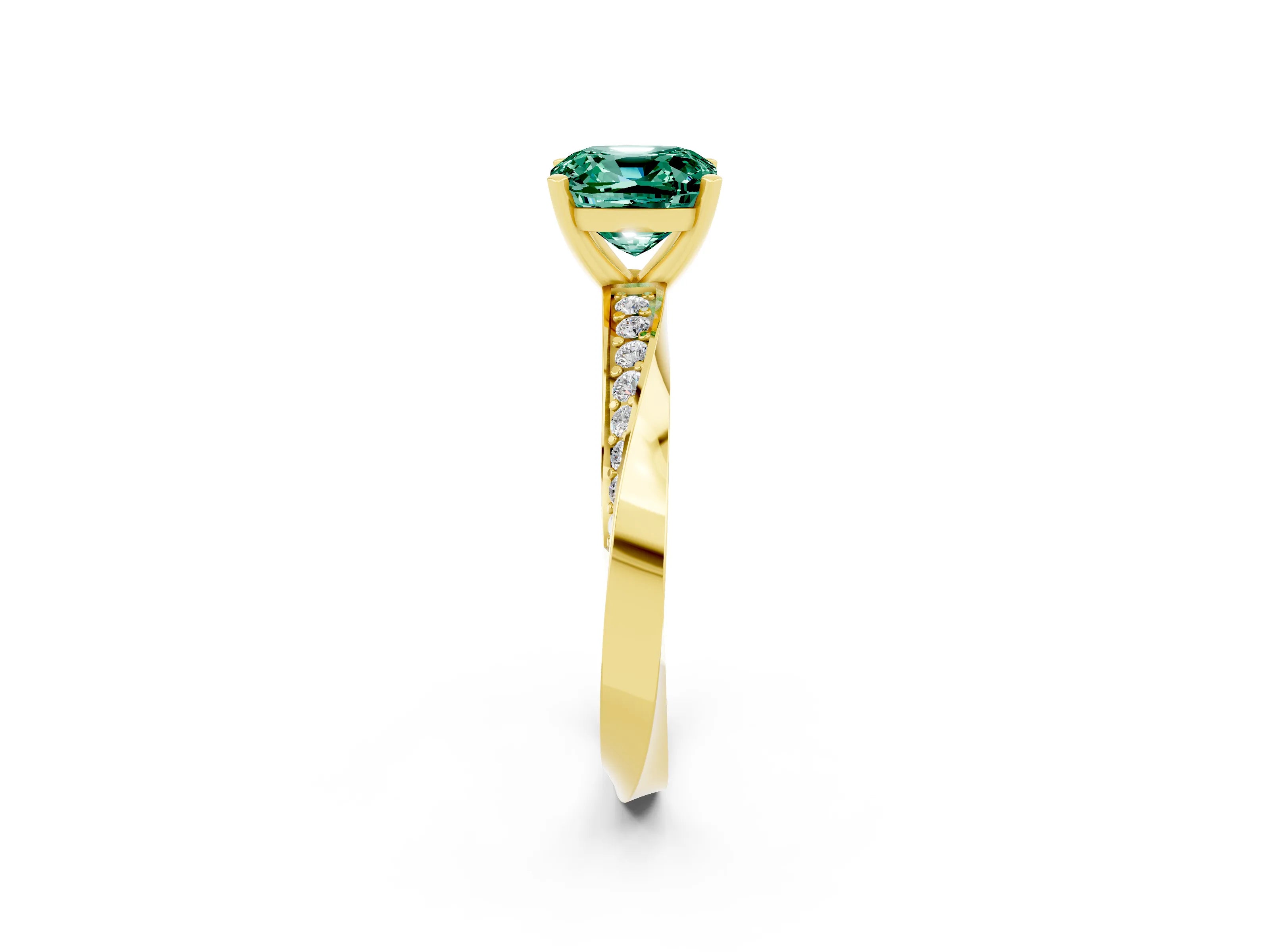 Yellow gold Cushion Cut Green Sapphire Engagement Ring with Side Stone Accents and Four-Prong Setting_29