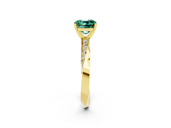 Yellow gold Cushion Cut Green Sapphire Engagement Ring with Side Stone Accents and Four-Prong Setting