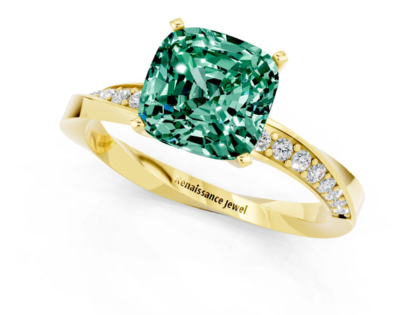 Yellow gold Cushion Cut Green Sapphire Engagement Ring with Side Stone Accents and Four-Prong Setting