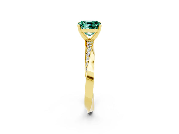 Yellow gold Cushion Cut Green Sapphire Engagement Ring with Side Stone Accents and Four-Prong Setting