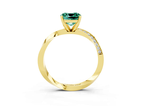 Yellow gold Cushion Cut Green Sapphire Engagement Ring with Side Stone Accents and Four-Prong Setting
