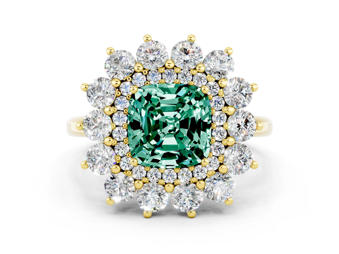Yellow gold Cushion Cut Green Sapphire Floral Double Halo Engagement Ring with Prong Setting_60