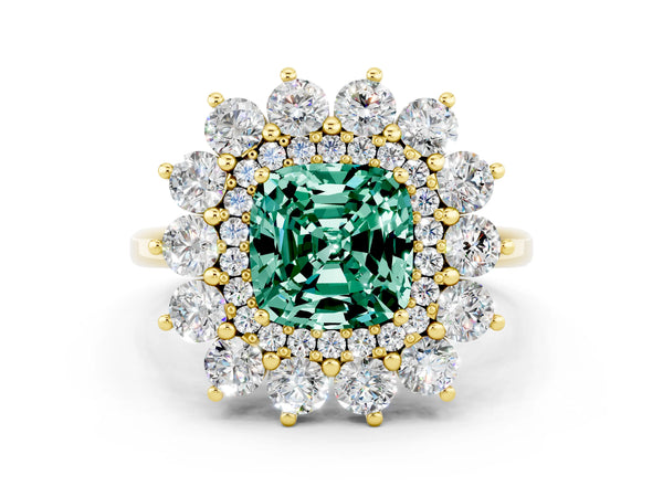 Yellow gold Cushion Cut Green Sapphire Floral Double Halo Engagement Ring with Prong Setting