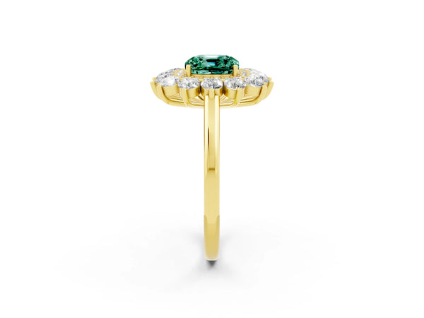 Yellow gold Cushion Cut Green Sapphire Floral Double Halo Engagement Ring with Prong Setting