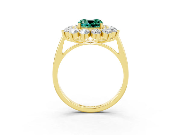 Yellow gold Cushion Cut Green Sapphire Floral Double Halo Engagement Ring with Prong Setting