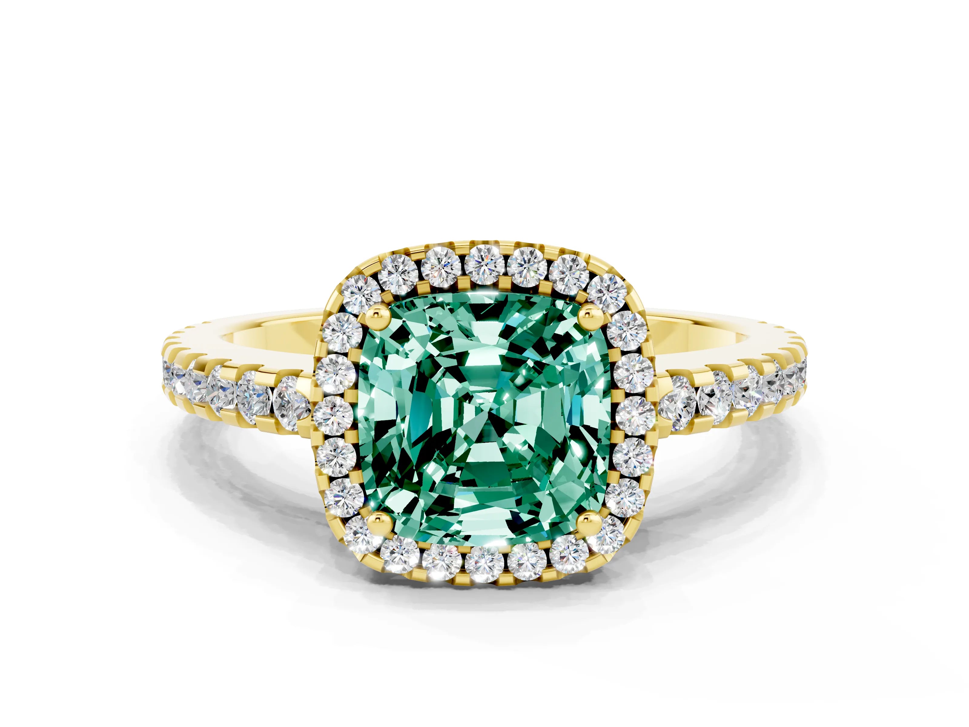 Yellow gold Cushion Cut Green Sapphire Halo Engagement Ring with Pavé Band and Prong Setting_12