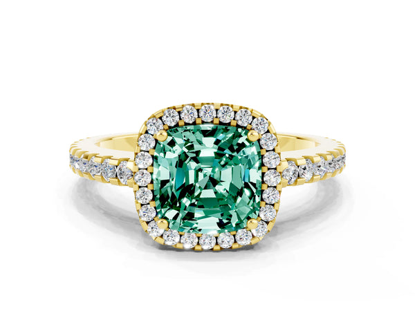 Yellow gold Cushion Cut Green Sapphire Halo Engagement Ring with Pavé Band and Prong Setting