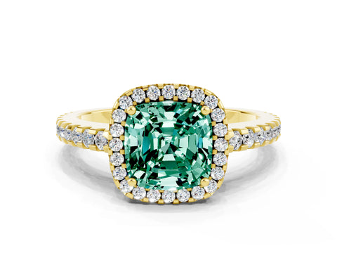 Yellow gold Cushion Cut Green Sapphire Halo Engagement Ring with Pavé Band and Prong Setting_12