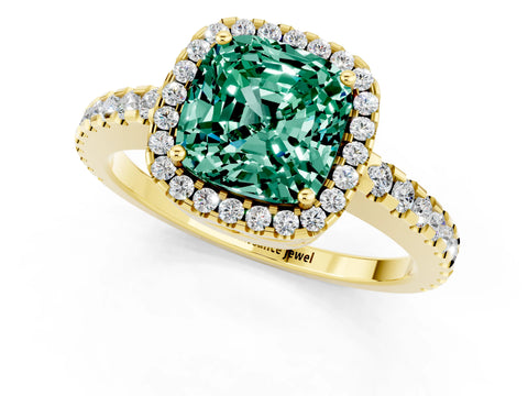 Yellow gold Cushion Cut Green Sapphire Halo Engagement Ring with Pavé Band and Prong Setting_13