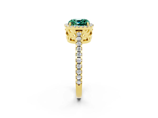 Yellow gold Cushion Cut Green Sapphire Halo Engagement Ring with Pavé Band and Prong Setting
