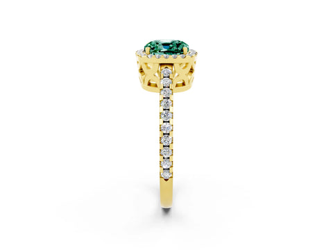 Yellow gold Cushion Cut Green Sapphire Halo Engagement Ring with Pavé Band and Prong Setting_14