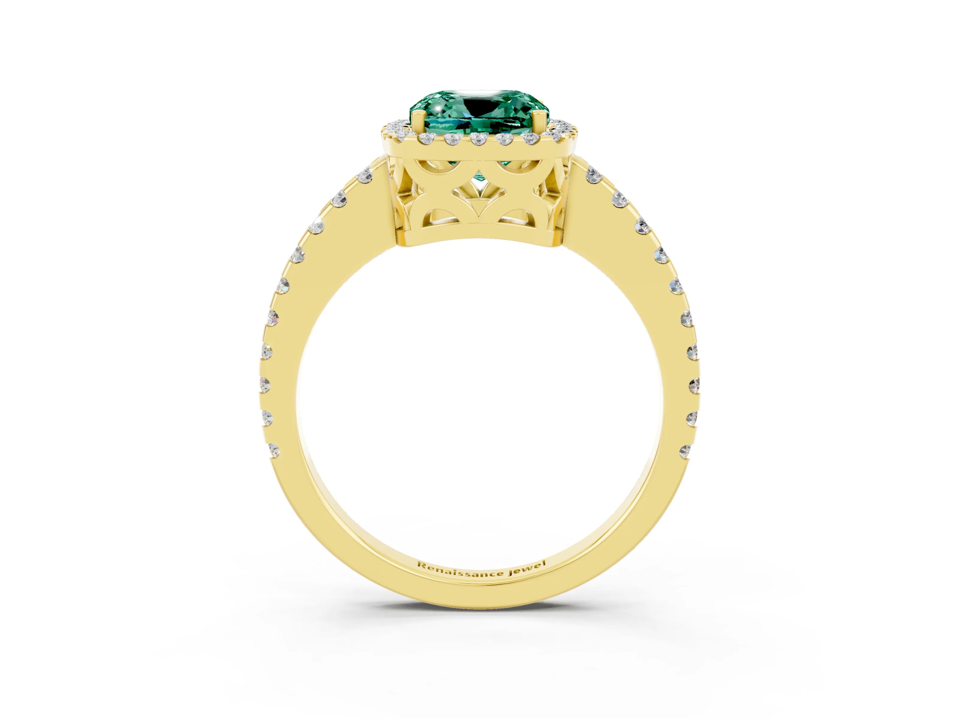 Yellow gold Cushion Cut Green Sapphire Halo Engagement Ring with Pavé Band and Prong Setting_15
