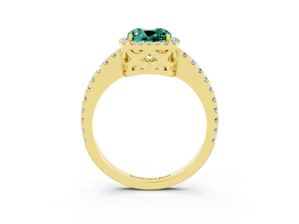 Yellow gold Cushion Cut Green Sapphire Halo Engagement Ring with Pavé Band and Prong Setting