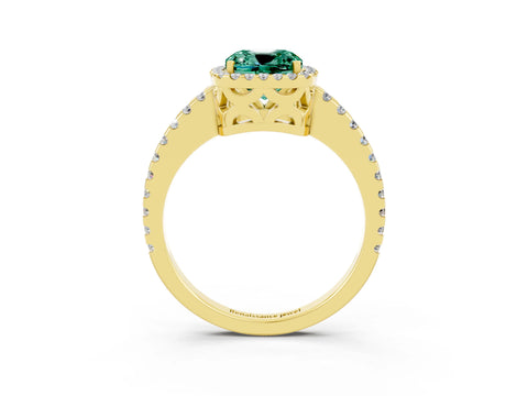 Yellow gold Cushion Cut Green Sapphire Halo Engagement Ring with Pavé Band and Prong Setting_15