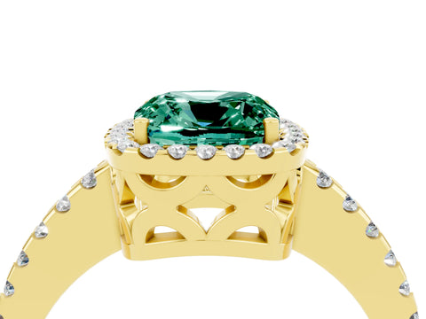 Yellow gold Cushion Cut Green Sapphire Halo Engagement Ring with Pavé Band and Prong Setting_16