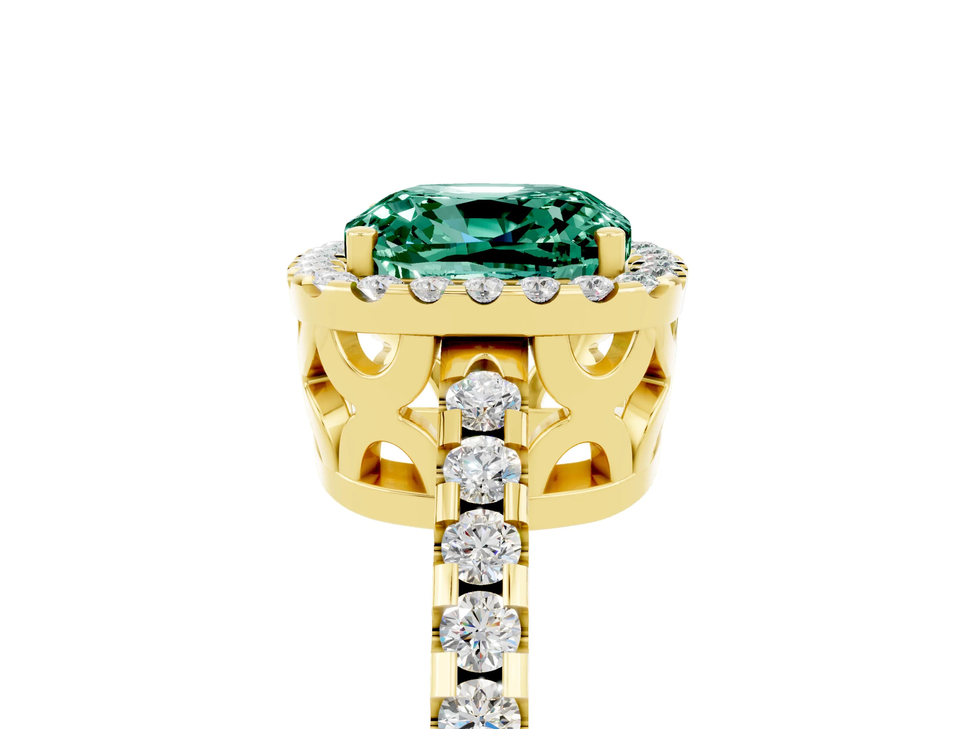 Yellow gold Cushion Cut Green Sapphire Halo Engagement Ring with Pavé Band and Prong Setting_17