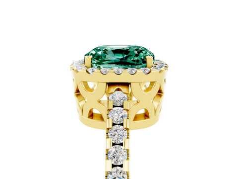 Yellow gold Cushion Cut Green Sapphire Halo Engagement Ring with Pavé Band and Prong Setting_17