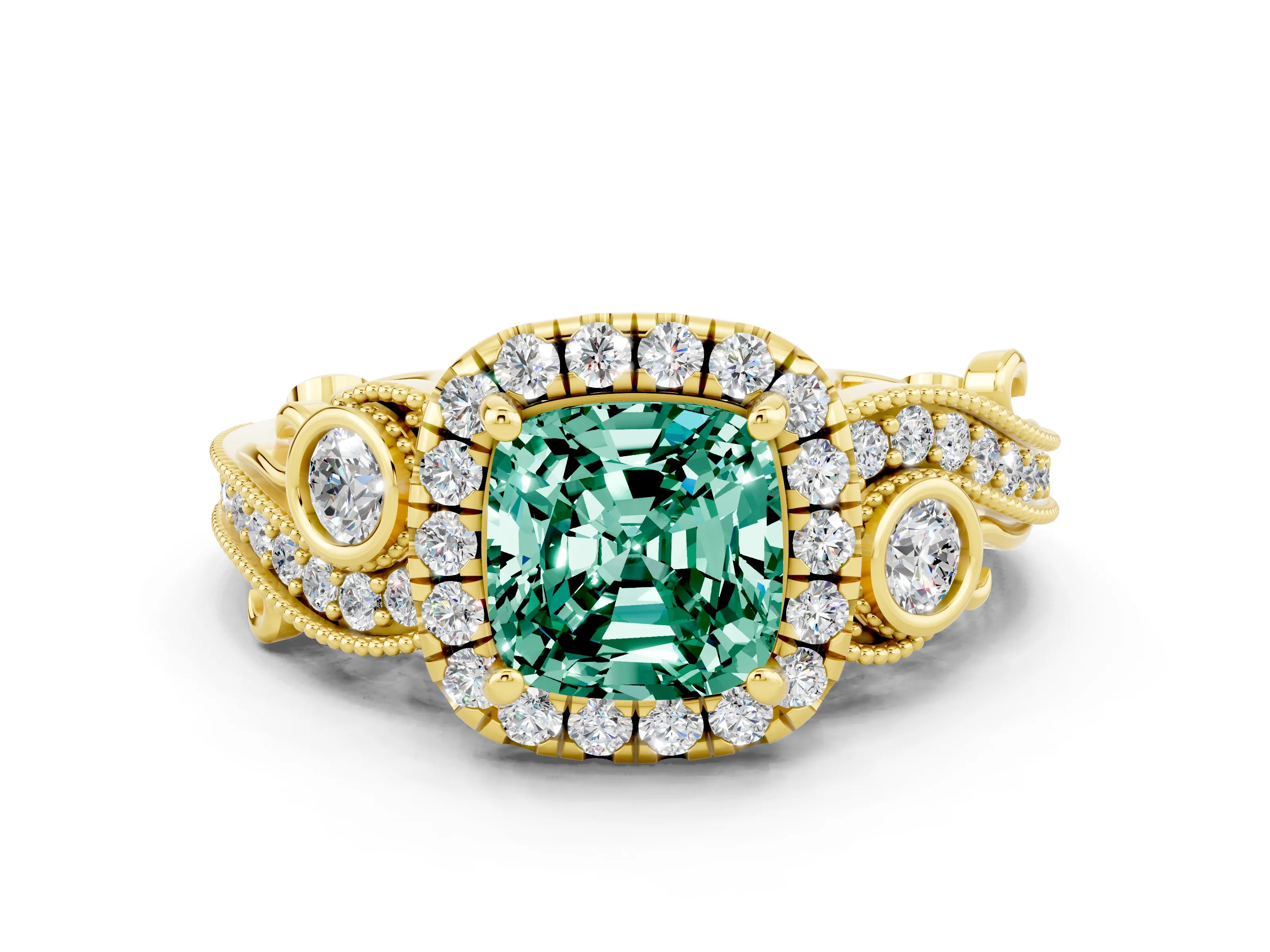 Yellow gold Cushion Cut Green Sapphire Halo Ring with Milgrain Pavé Band and Four-Prong Setting_12