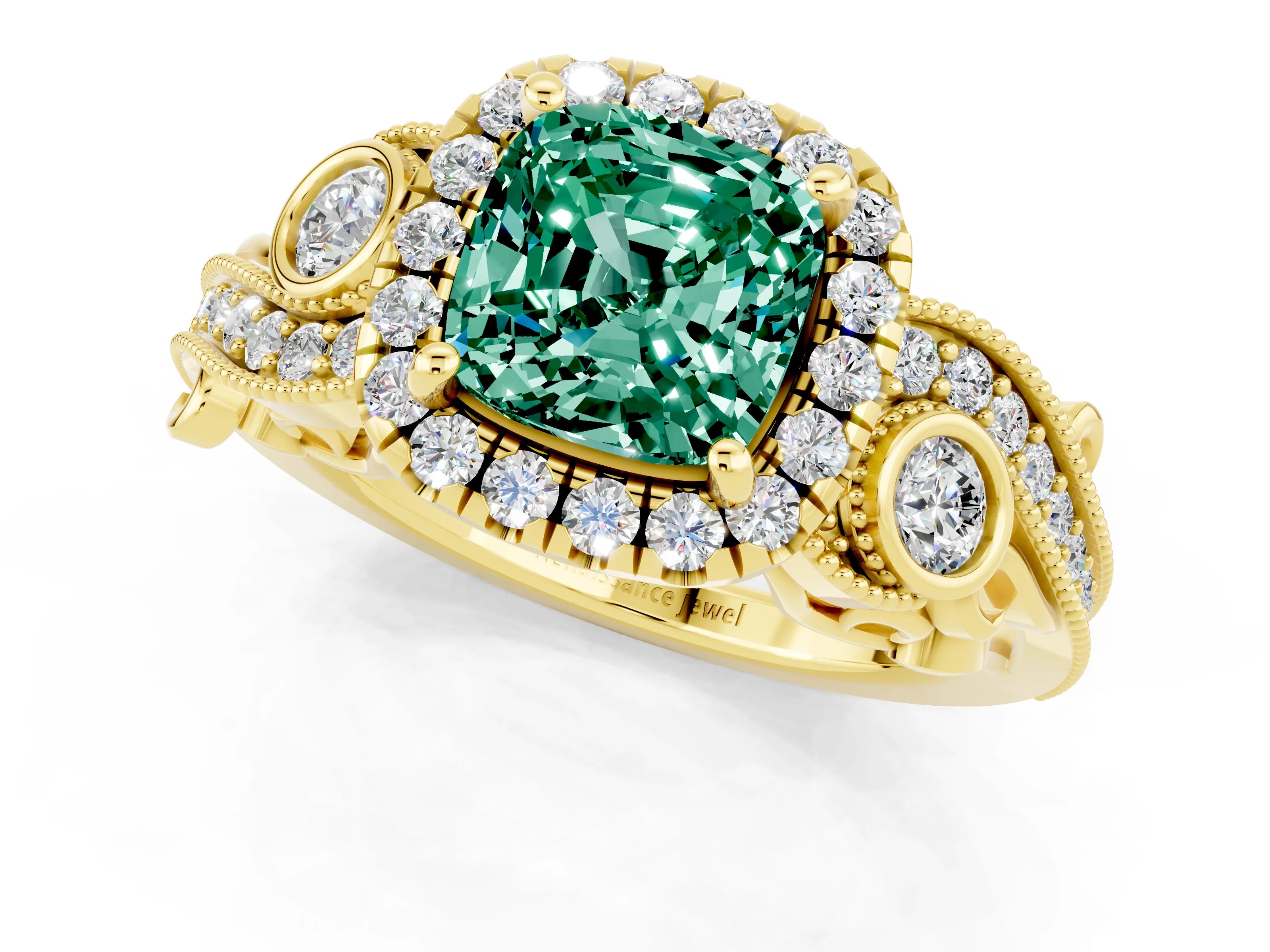 Yellow gold Cushion Cut Green Sapphire Halo Ring with Milgrain Pavé Band and Four-Prong Setting_13