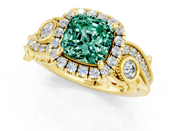 Yellow gold Cushion Cut Green Sapphire Halo Ring with Milgrain Pavé Band and Four-Prong Setting