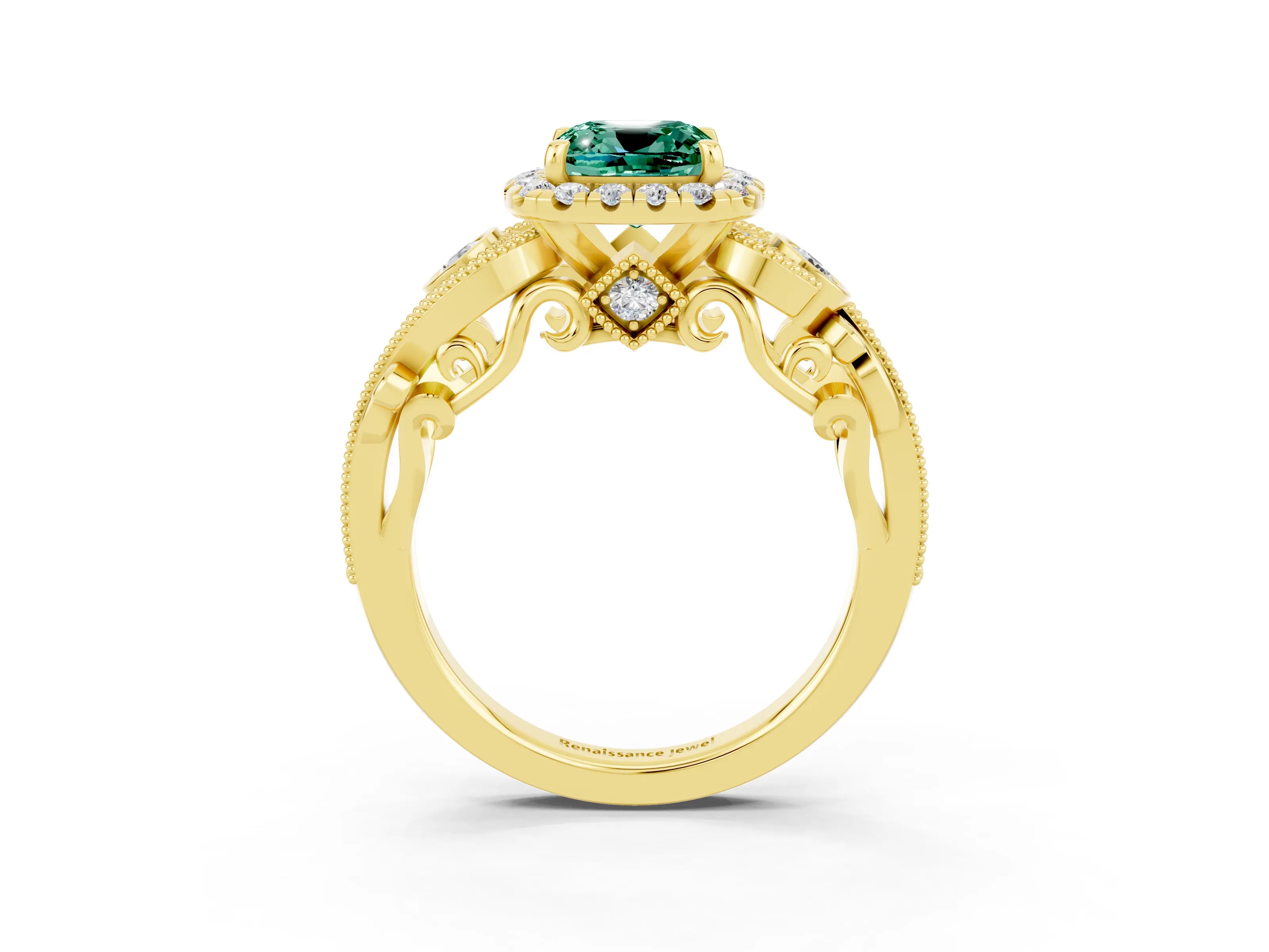 Yellow gold Cushion Cut Green Sapphire Halo Ring with Milgrain Pavé Band and Four-Prong Setting_15