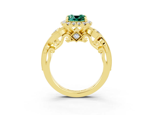 Yellow gold Cushion Cut Green Sapphire Halo Ring with Milgrain Pavé Band and Four-Prong Setting