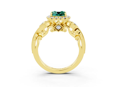 Yellow gold Cushion Cut Green Sapphire Halo Ring with Milgrain Pavé Band and Four-Prong Setting_15