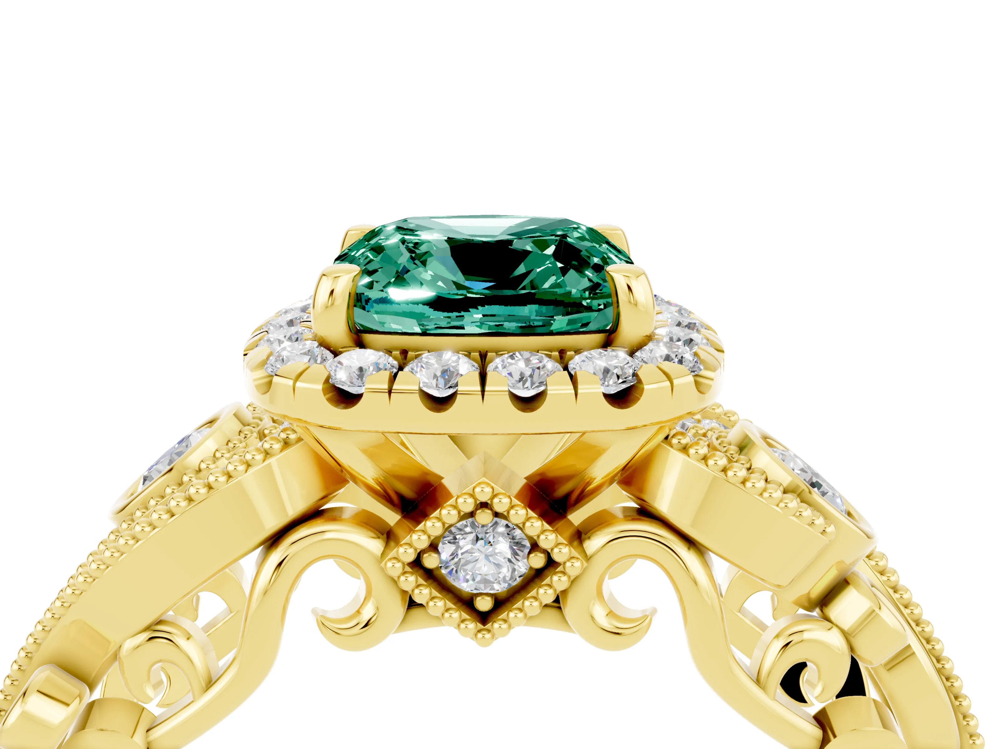 Yellow gold Cushion Cut Green Sapphire Halo Ring with Milgrain Pavé Band and Four-Prong Setting_16
