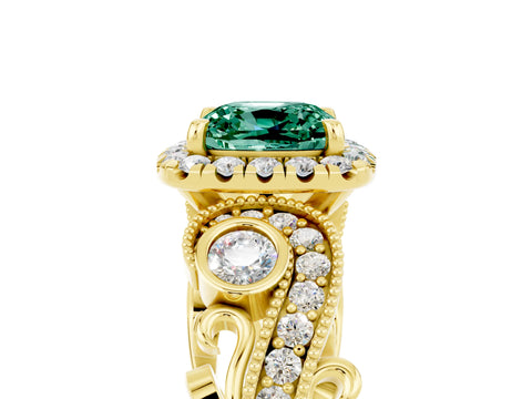 Yellow gold Cushion Cut Green Sapphire Halo Ring with Milgrain Pavé Band and Four-Prong Setting_17