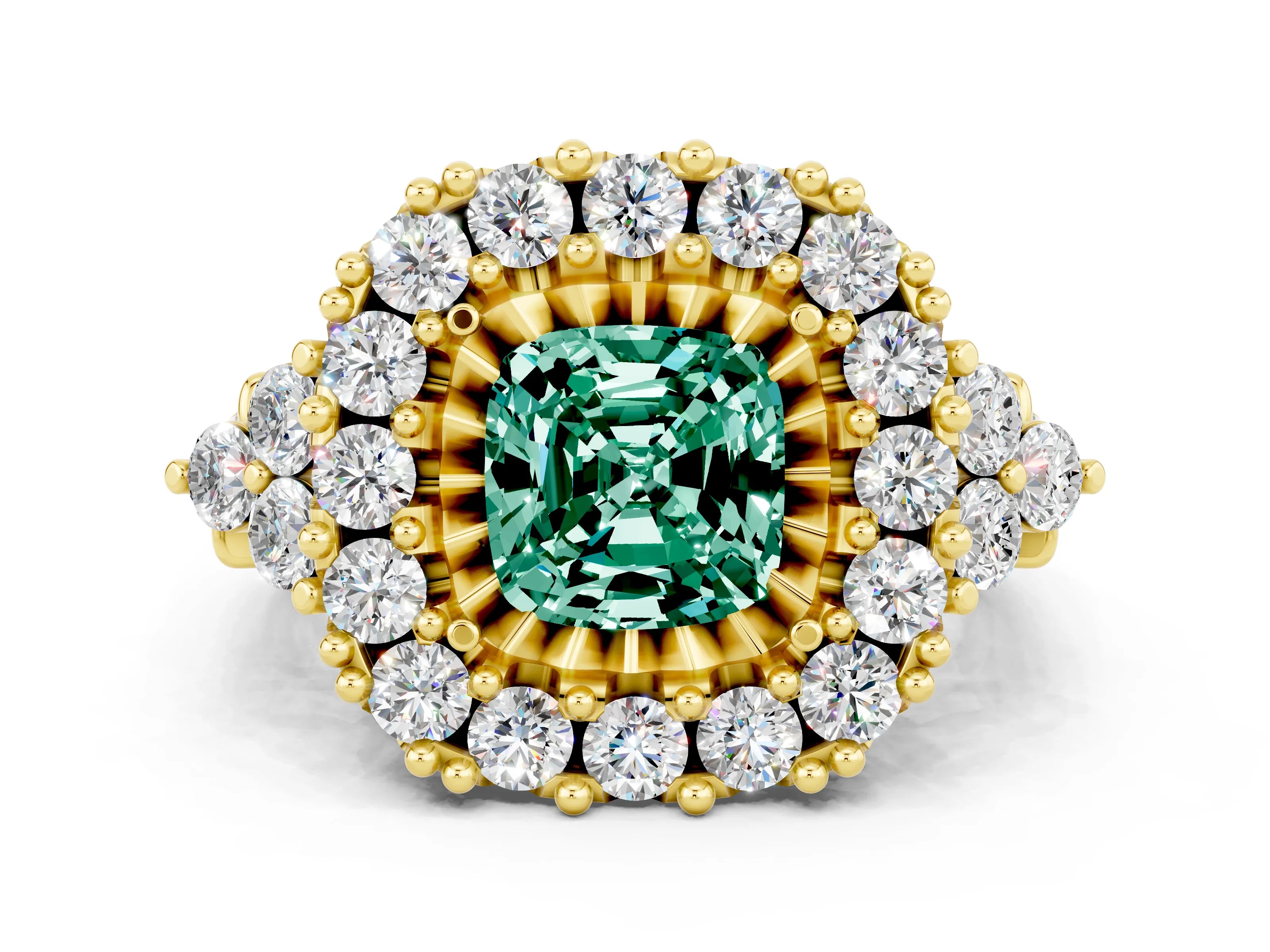 Yellow gold Cushion Cut Green Sapphire Halo Ring with Pavé Band and Four-Prong Setting_12