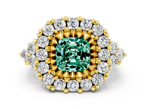 Yellow gold Cushion Cut Green Sapphire Halo Ring with Pavé Band and Four-Prong Setting_12