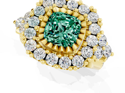 Yellow gold Cushion Cut Green Sapphire Halo Ring with Pavé Band and Four-Prong Setting_13
