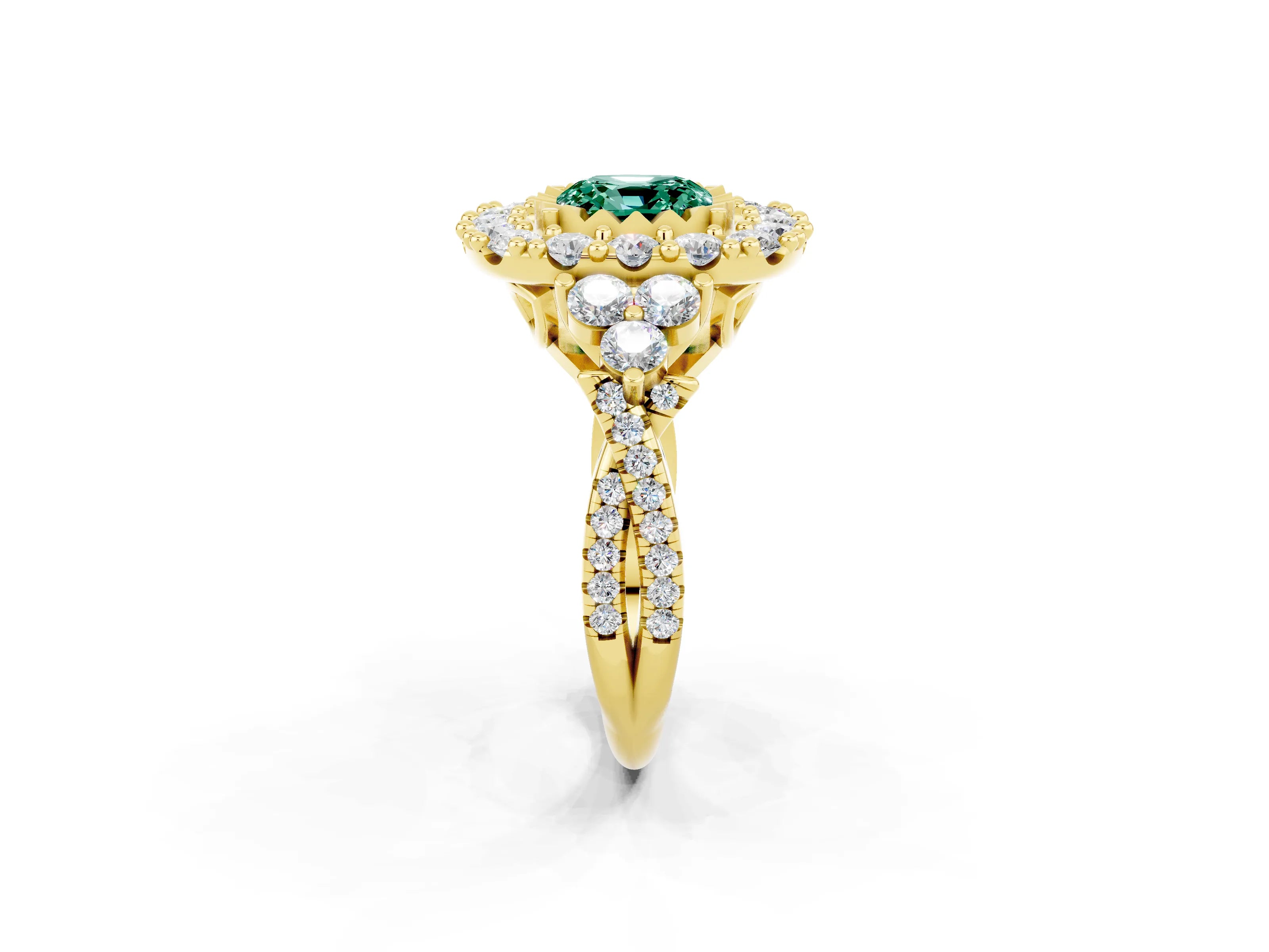 Yellow gold Cushion Cut Green Sapphire Halo Ring with Pavé Band and Four-Prong Setting_14