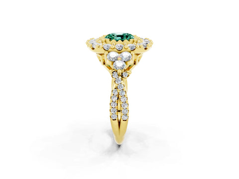 Yellow gold Cushion Cut Green Sapphire Halo Ring with Pavé Band and Four-Prong Setting_14