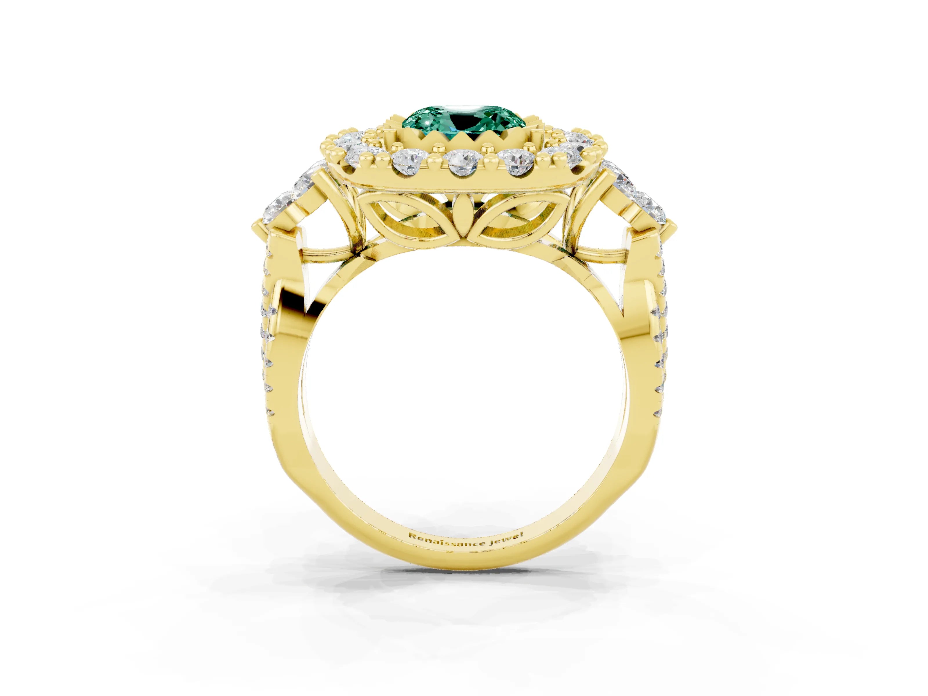Yellow gold Cushion Cut Green Sapphire Halo Ring with Pavé Band and Four-Prong Setting_15