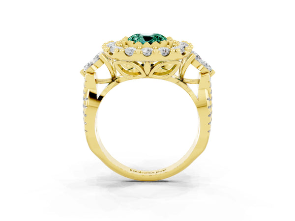 Yellow gold Cushion Cut Green Sapphire Halo Ring with Pavé Band and Four-Prong Setting